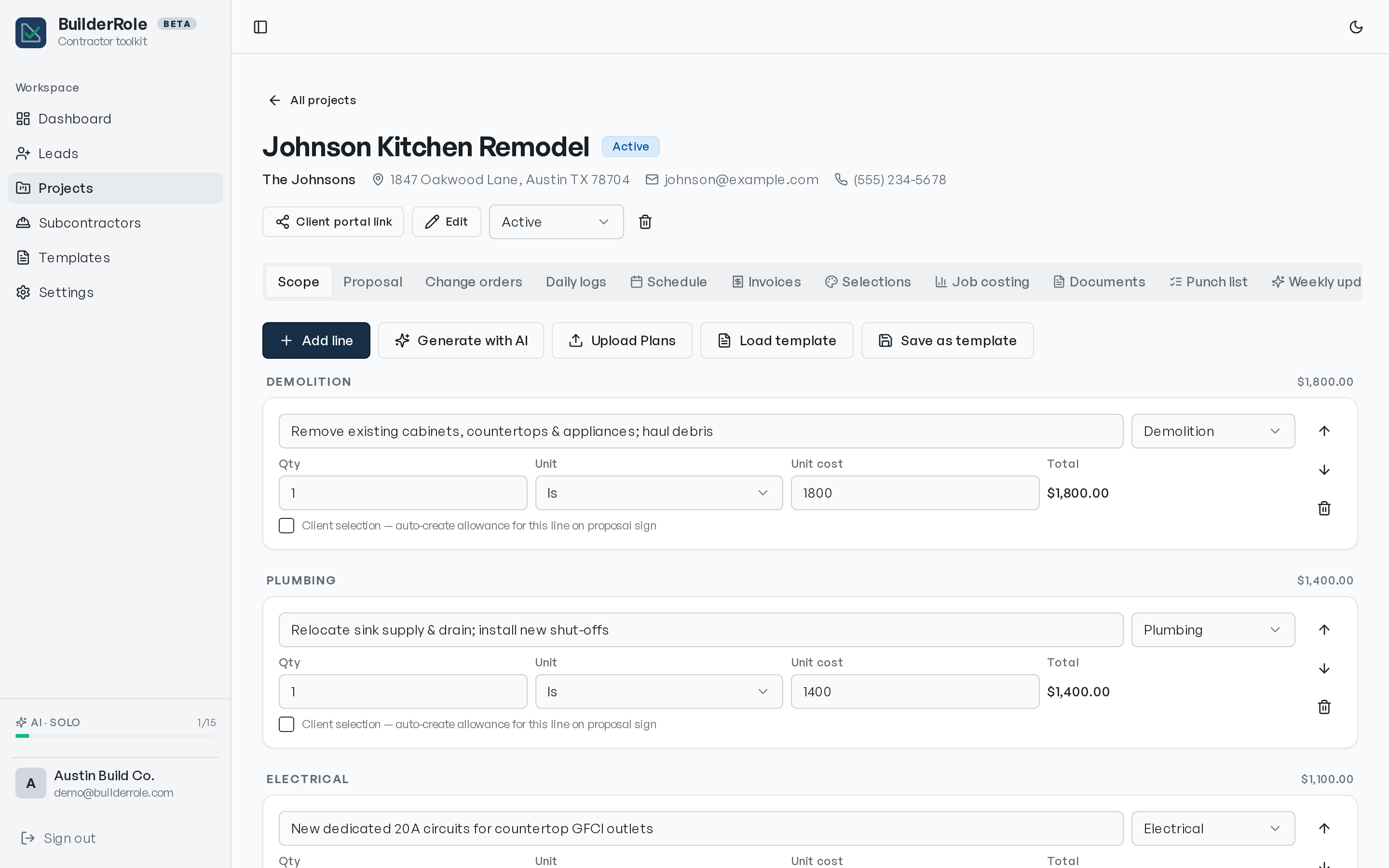 HVACRole job view — scope of work with itemized line costs, schedule, selections, and callbacks tabs.